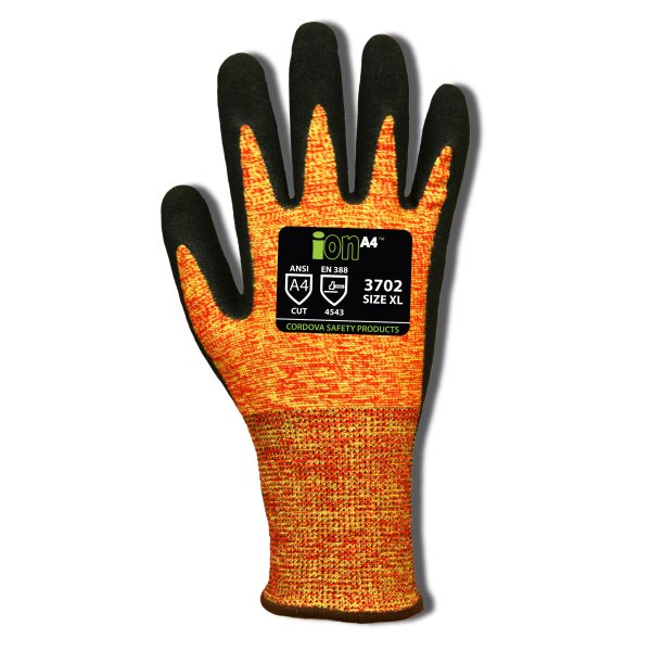 Cordova iON A4 Mandarin Orange, 13 Gauge Black Sandy Nitrile Coating ANSI Cut Level A4