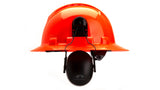 Orange hard hat with black CLIP ON hearing protection  on a white background