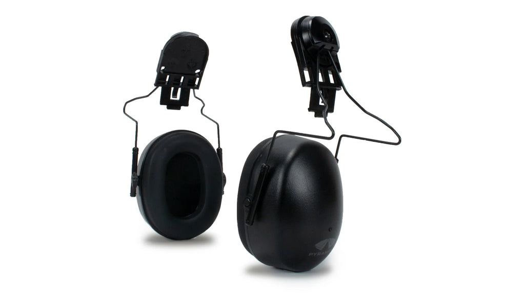 Pair of black ear protectors on a white background