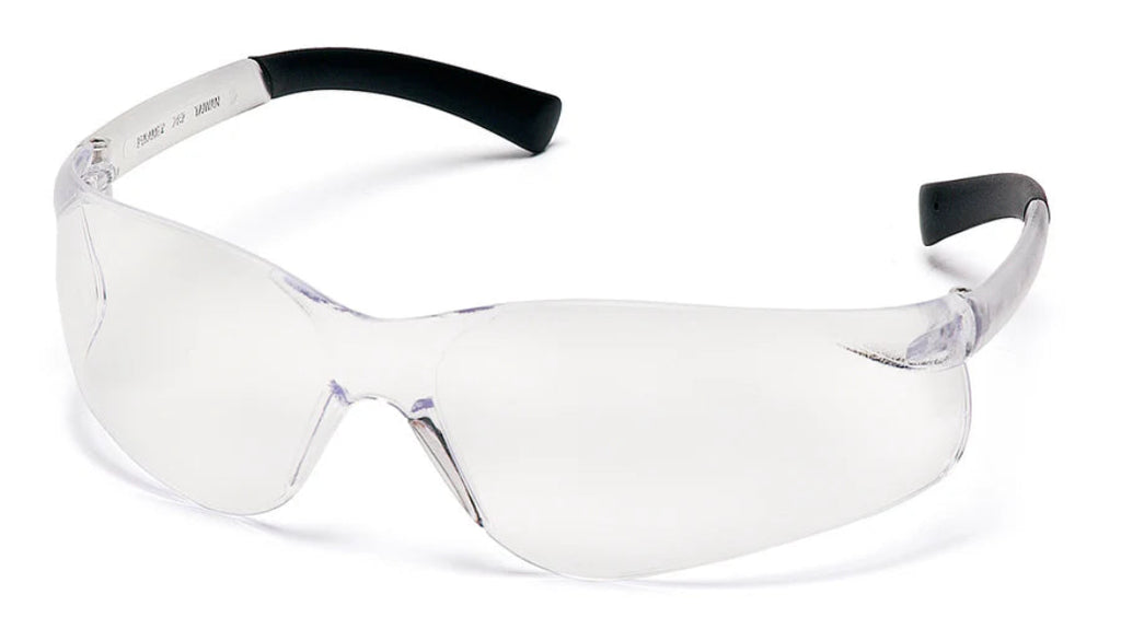 Clear safety goggles with black frames on a white background