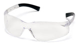 Clear safety goggles with black frames on a white background
