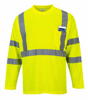 Portwest Hi-Vis Long Sleeve Pocket T-Shirt, Class 3, Yellow